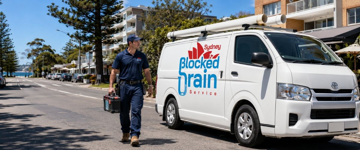 Branded drain service van and uniformed plumber in Randwick