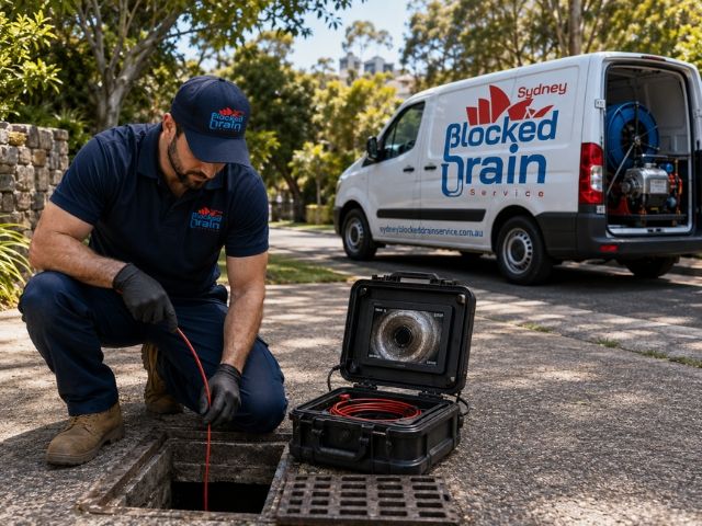Licensed plumber running a CCTV drain camera at a Ryde property