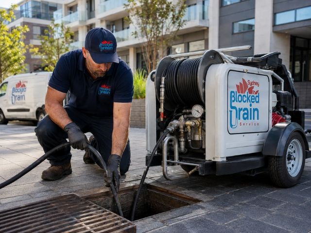Drain service technician with a compact jetting rig in Ryde