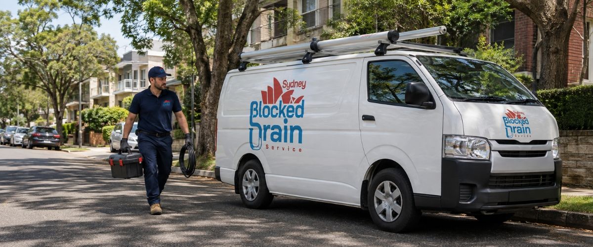 Branded drain service van and uniformed plumber in Ryde