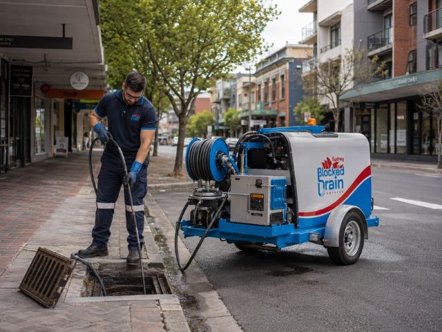 Drain service technician with a compact jetting rig in Strathfield