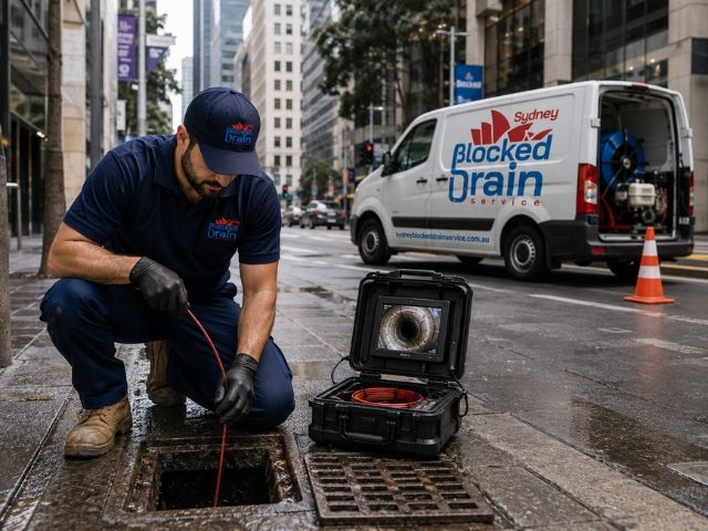 Licensed plumber running a CCTV drain camera at an inner-city Sydney property