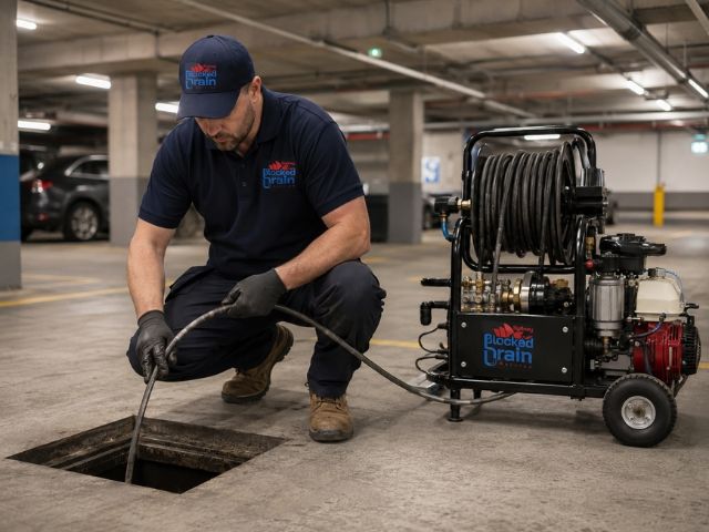 Drain service technician with a compact jetting rig in a CBD basement car park