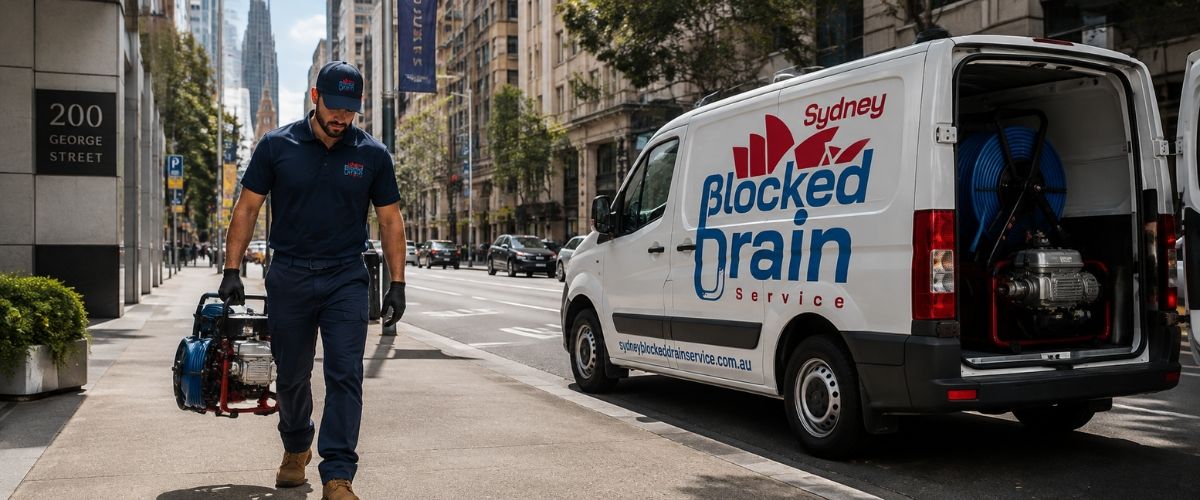 Branded drain service van and uniformed plumber on a City of Sydney street