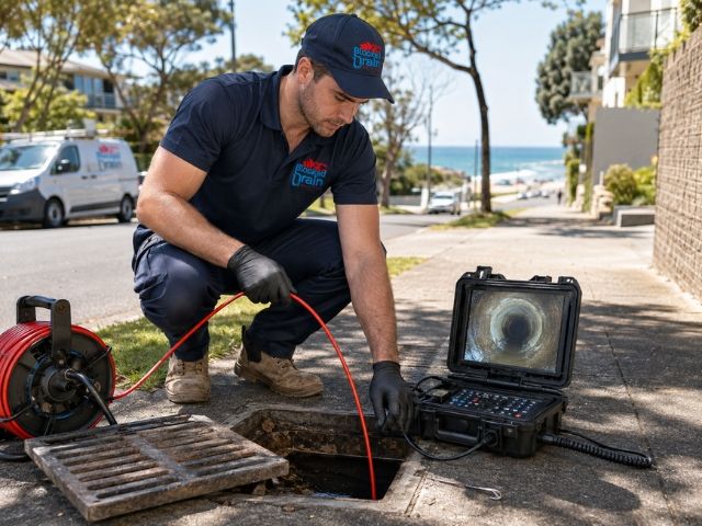 Licensed plumber running a CCTV drain camera at a Waverley property