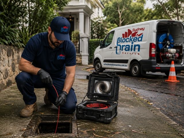 Licensed plumber running a CCTV drain camera at a Willoughby property