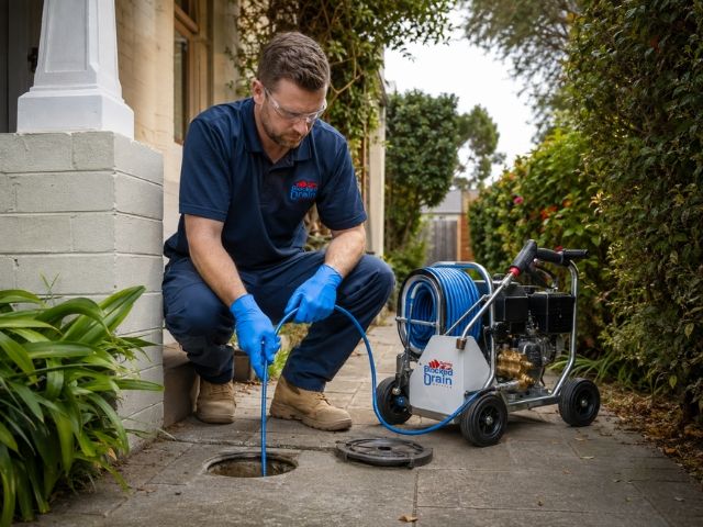 Sydney Blocked Drain Service technician with a compact jetting rig in Willoughby