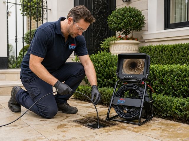 Licensed plumber running a CCTV drain camera at a Woollahra property