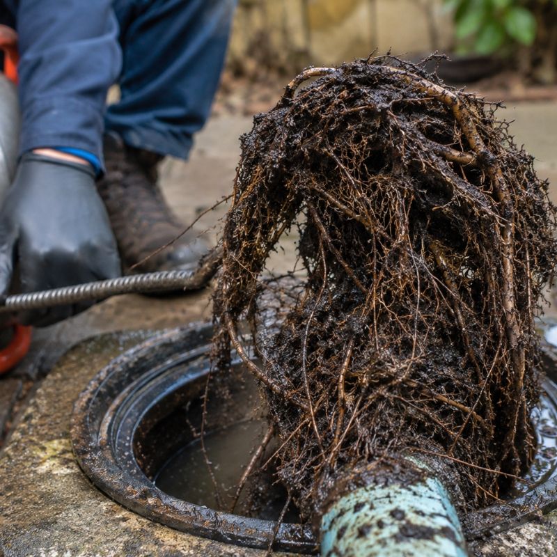Tree roots removed from a drain pipe