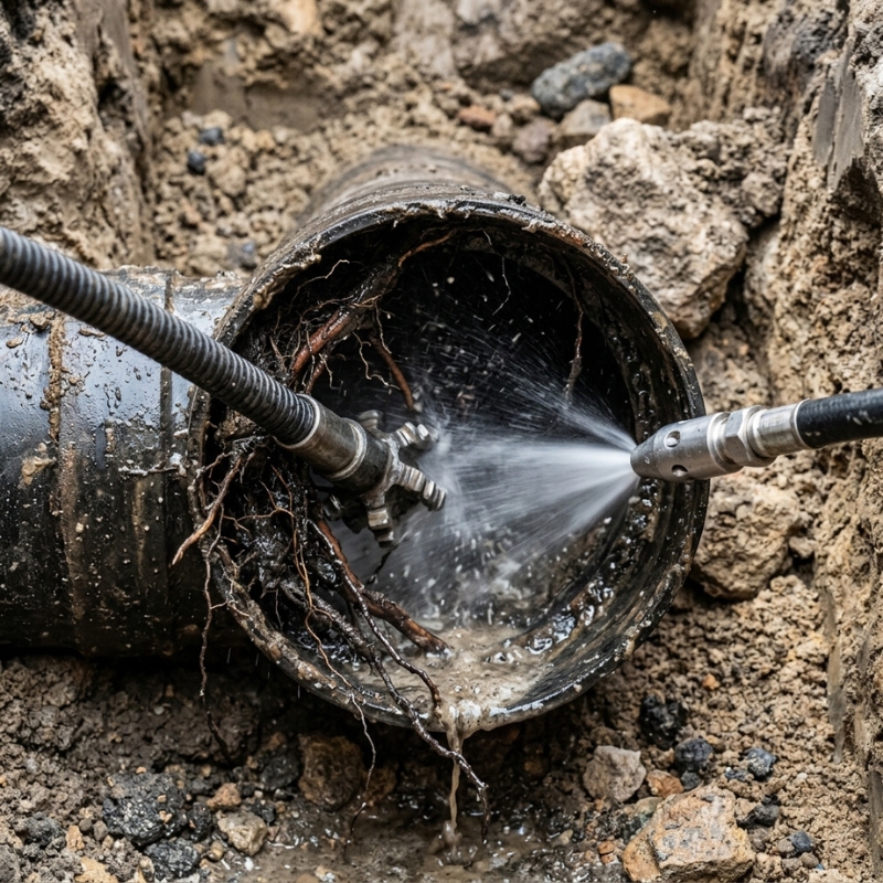 Electric eel and hydro jet drain cleaning methods inside a blocked pipe