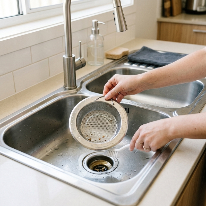 Kitchen sink drain strainer being cleaned for routine drain maintenance