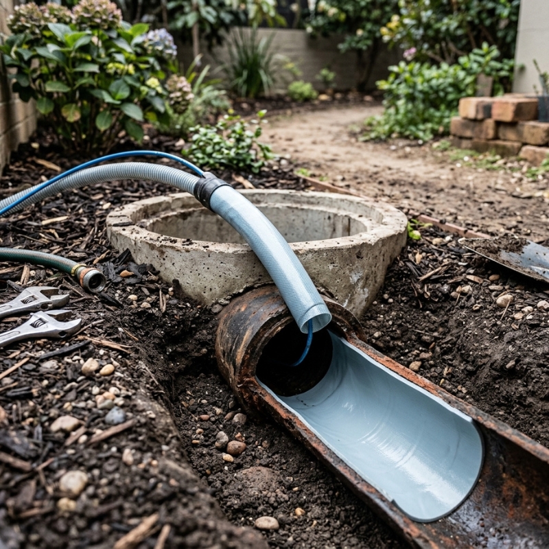 Pipe relining liner being installed inside a damaged Sydney sewer pipe